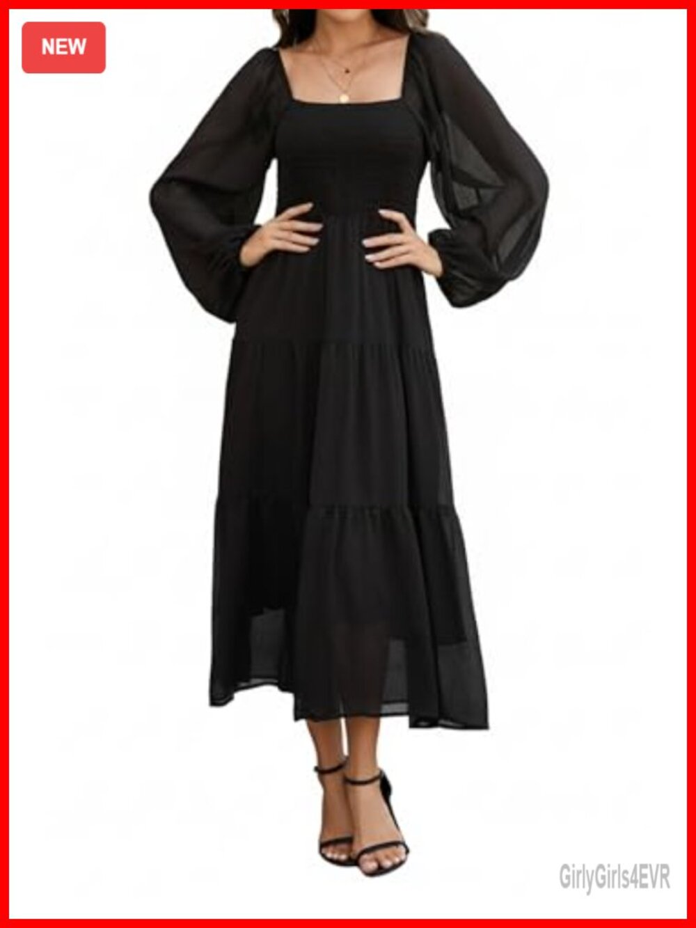 Boho Maxi Dress Sheer Puff Sleeve Smocked Square Neck Tiered Chiffon